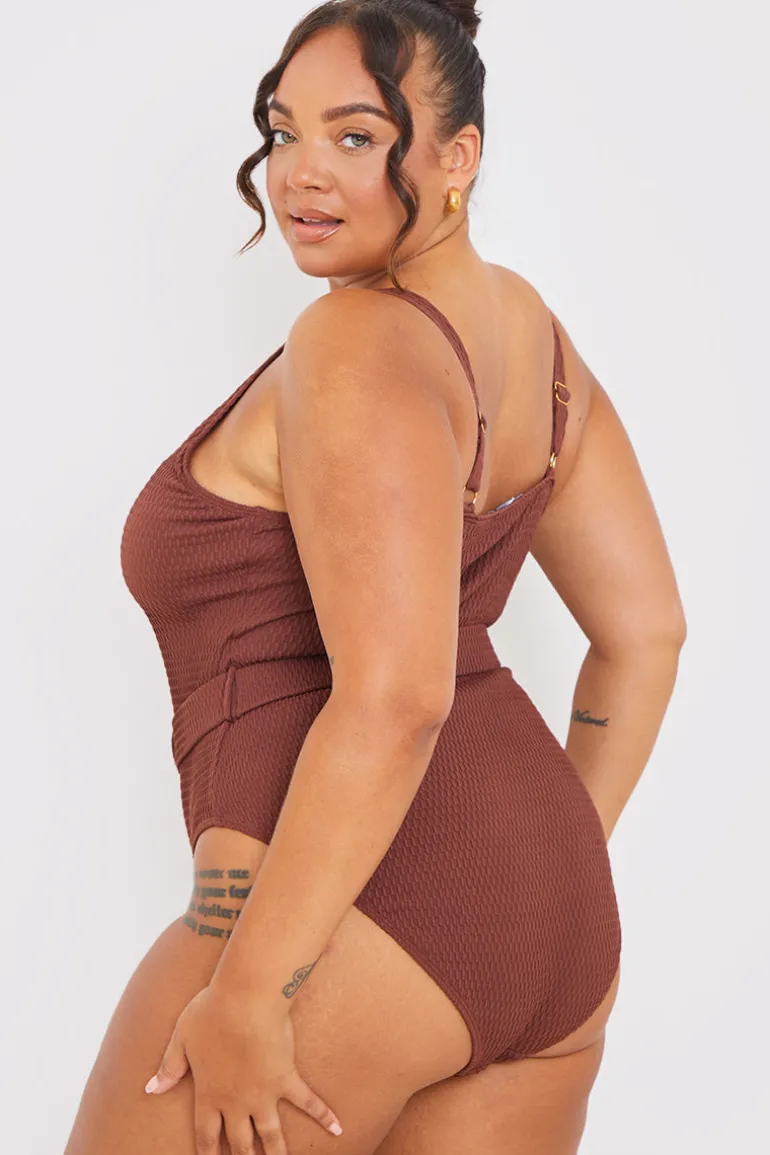 Textured Sweetheart Neckline Belted Swimsuit