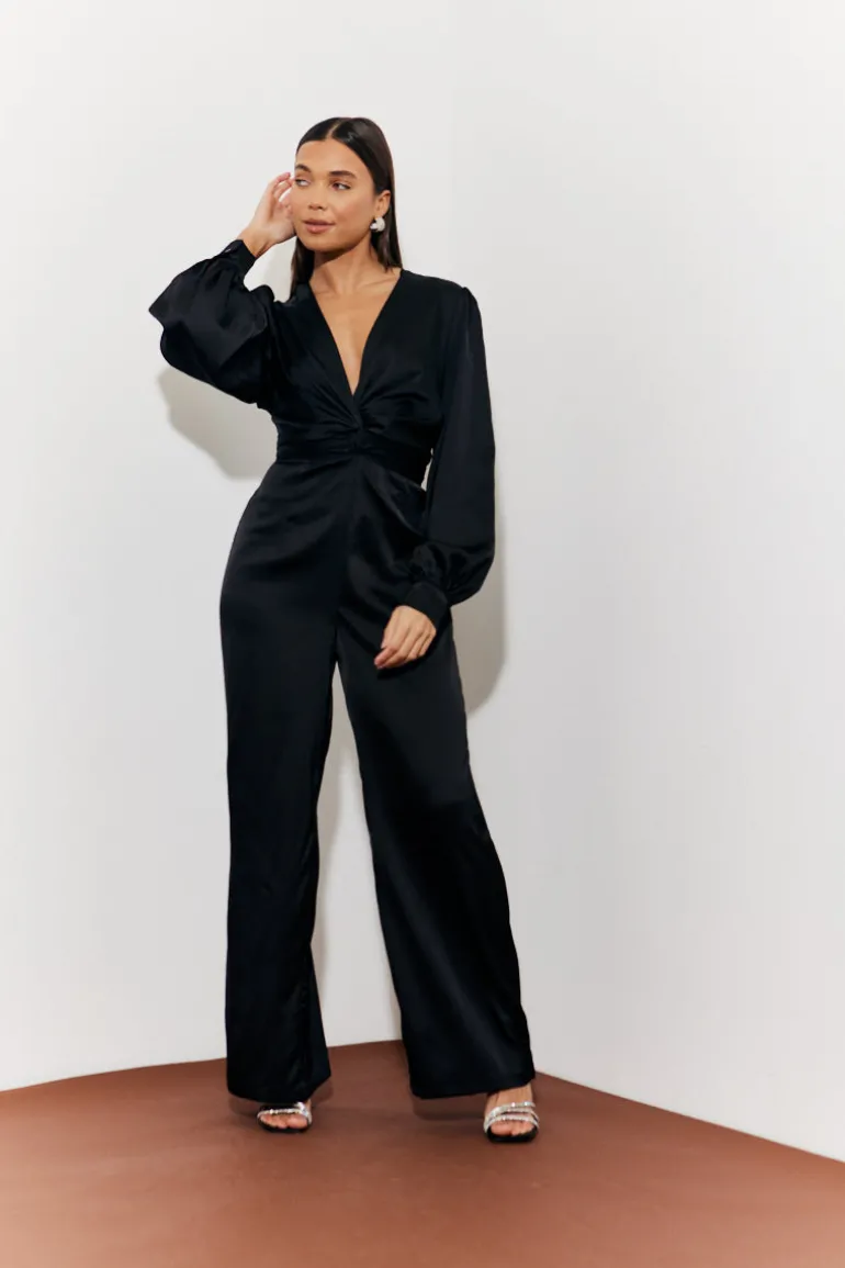 Twist Front Detail Wide Leg Satin Jumpsuit