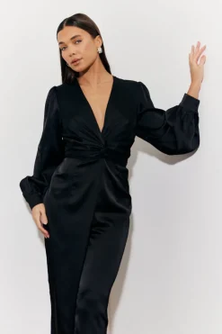 Twist Front Detail Wide Leg Satin Jumpsuit