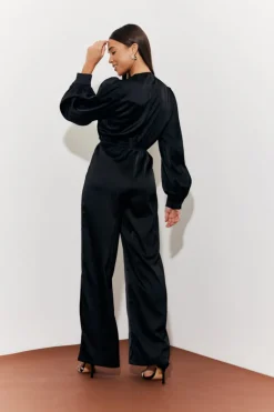 Twist Front Detail Wide Leg Satin Jumpsuit