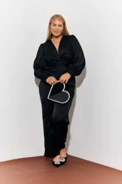 Twist Front Detail Wide Leg Satin Jumpsuit