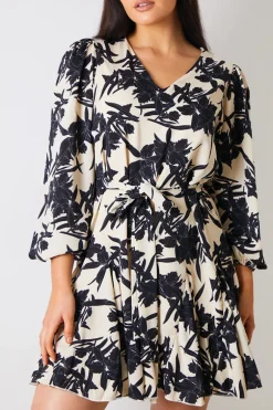 V Neck Balloon Sleeve Godet Mini Dress