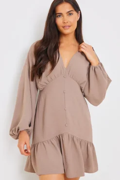 V Neck Frill Hem Smock Dress