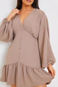 V Neck Frill Hem Smock Dress