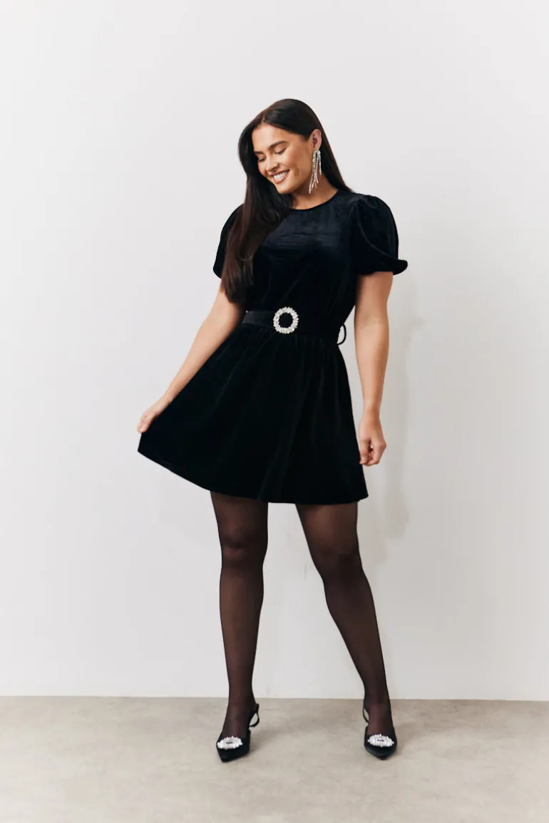 Velvet Embellished Belt Mini Dress