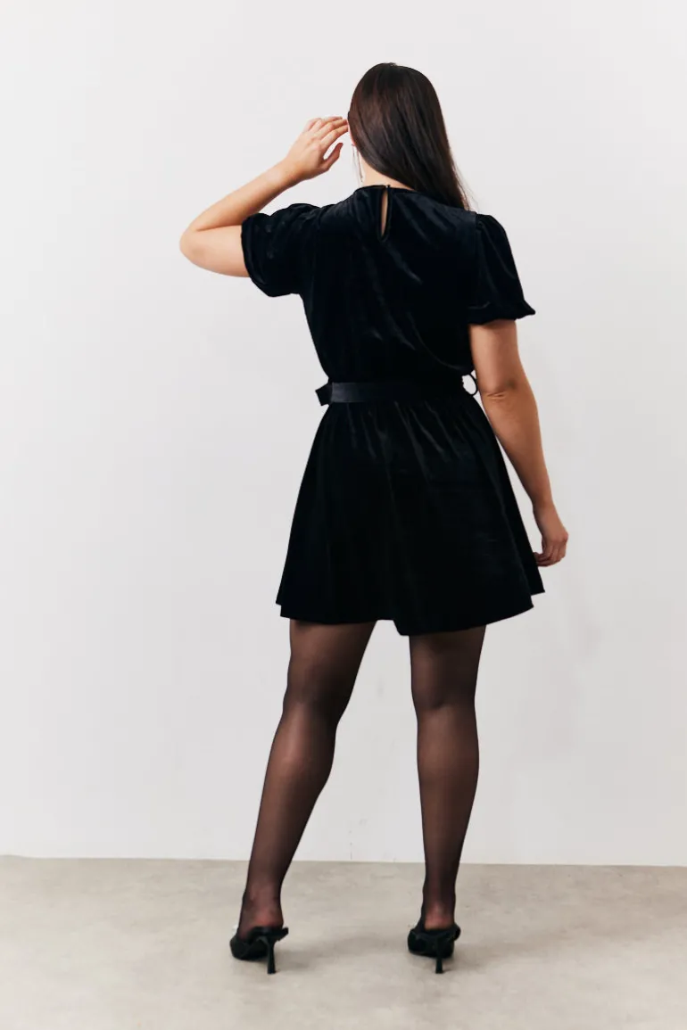 Velvet Embellished Belt Mini Dress