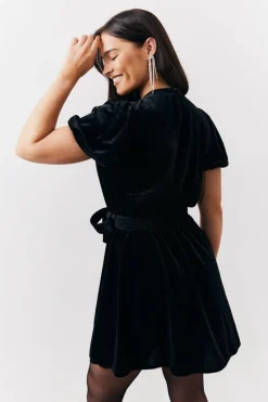 Velvet Embellished Belt Mini Dress
