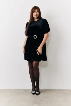 Velvet Embellished Belt Mini Dress