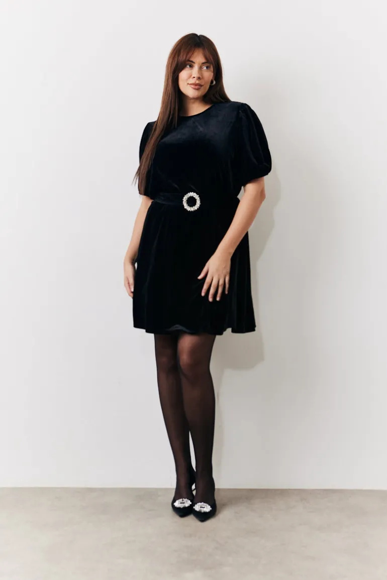 Velvet Embellished Belt Mini Dress