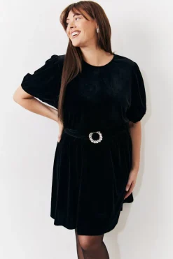 Velvet Embellished Belt Mini Dress