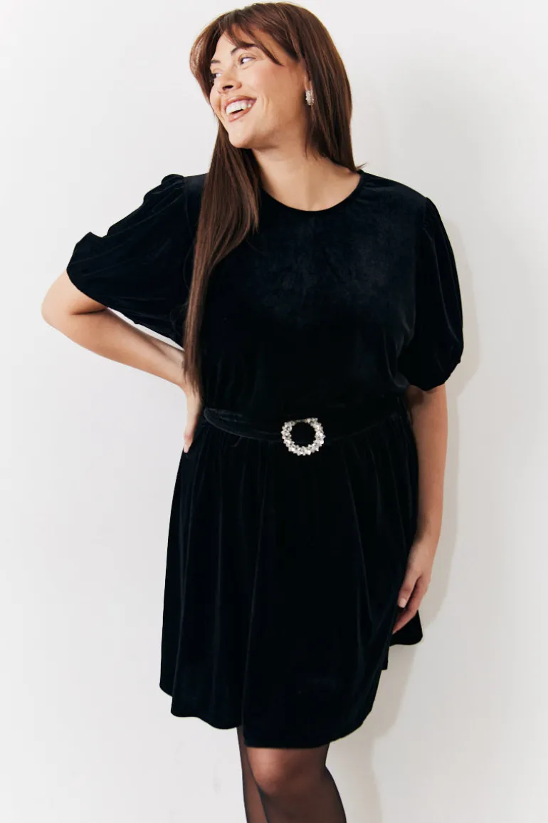 Velvet Embellished Belt Mini Dress