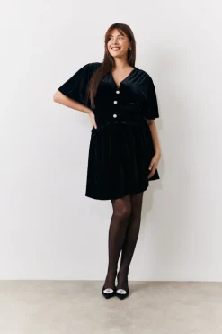 Velvet Mini Dress with Embellished Buttons