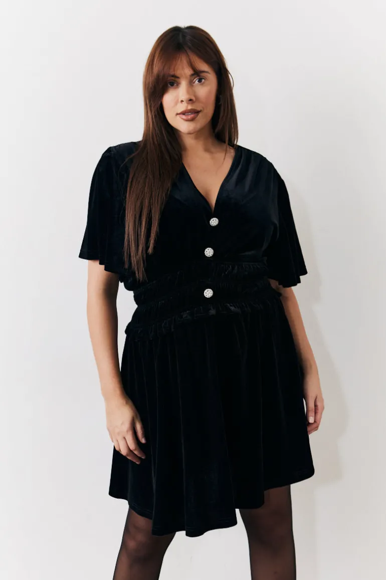 Velvet Mini Dress with Embellished Buttons