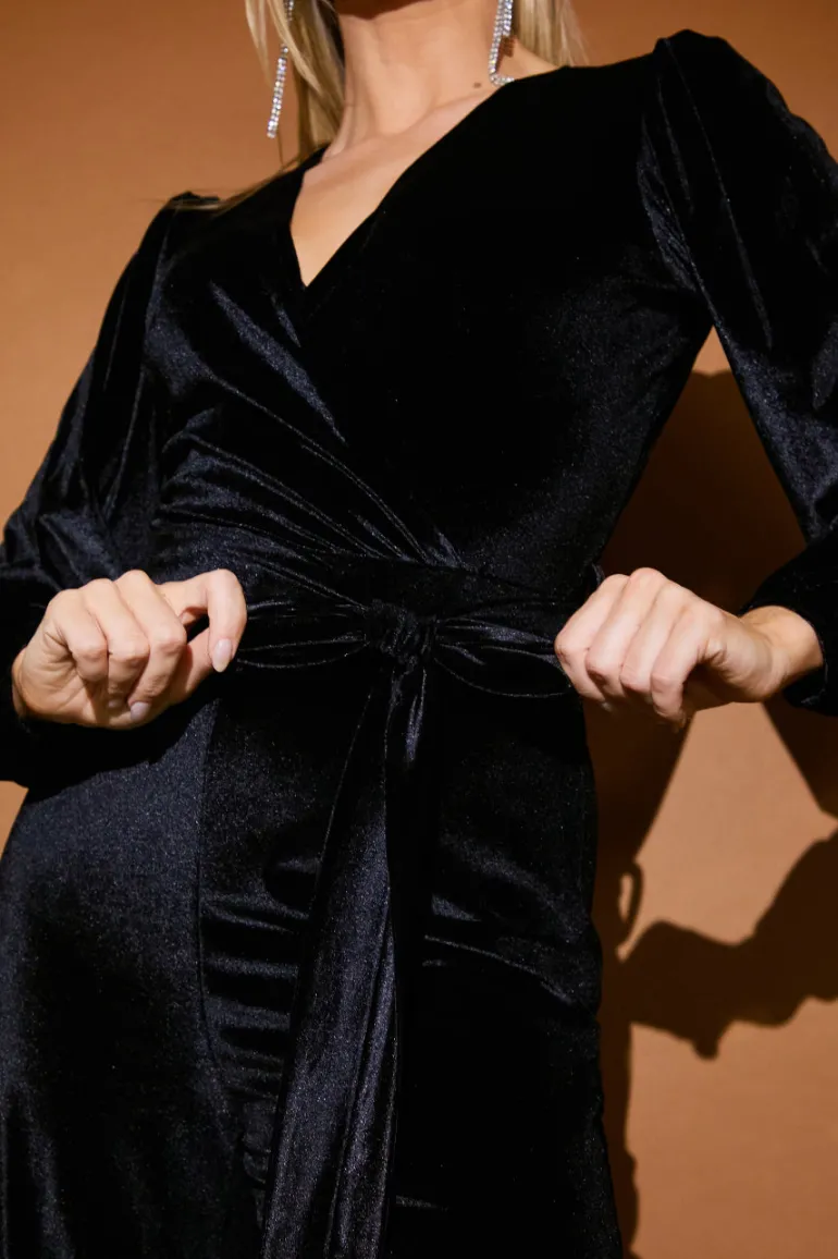 Velvet Puff Sleeve Wrap Front Jumpsuit