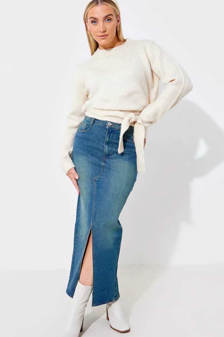 Vintage Wash Split Detail Denim Maxi Skirt
