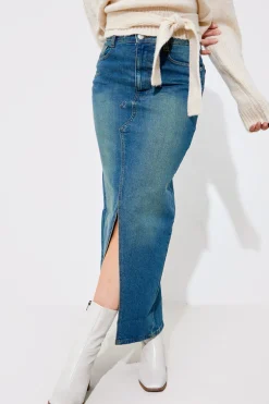 Vintage Wash Split Detail Denim Maxi Skirt