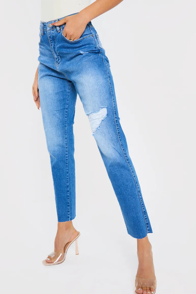 Washed Ripped High Waisted Stretch Mom Jeans