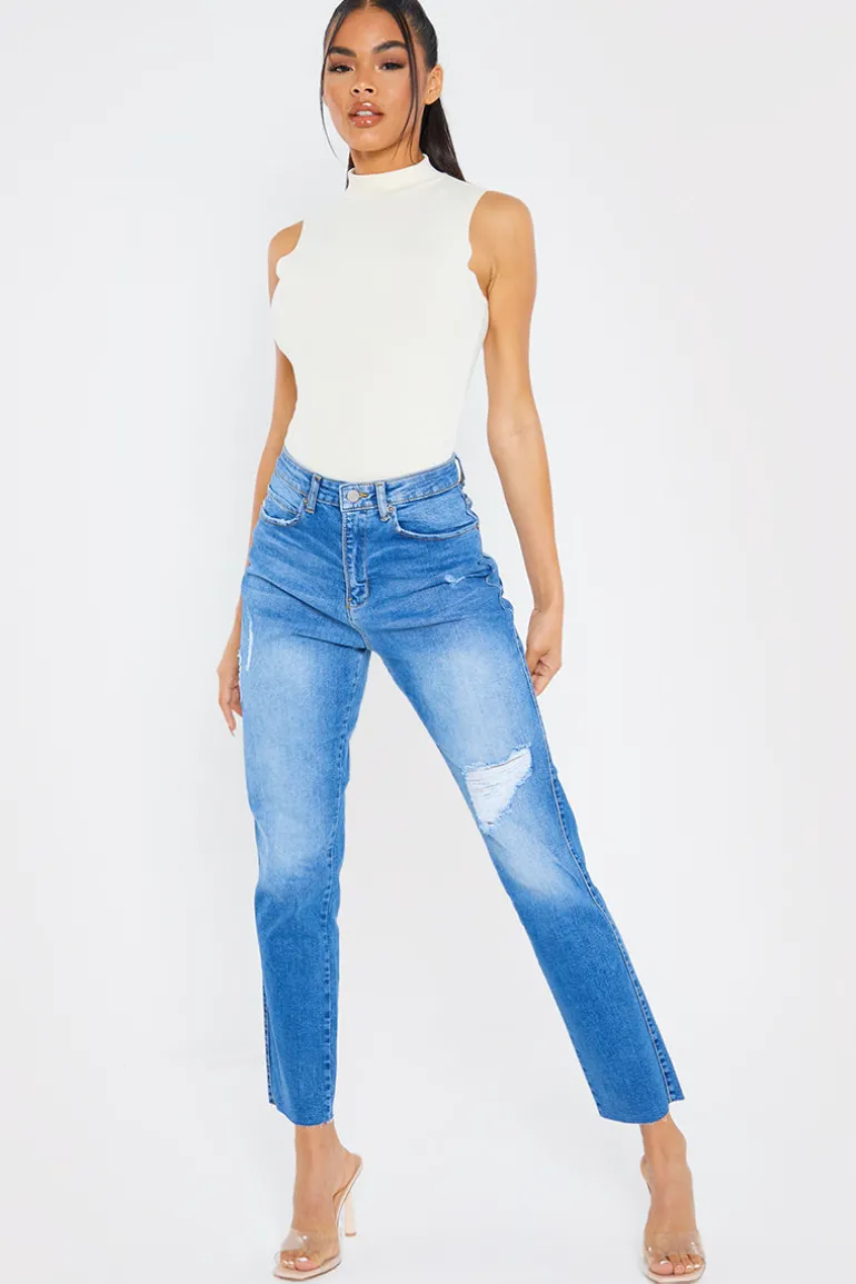 Washed Ripped High Waisted Stretch Mom Jeans