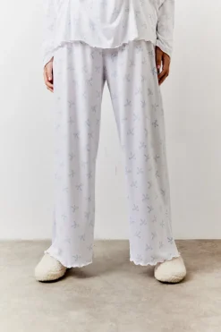 White Bow Print Long Sleeve Top and Trouser PJ Set
