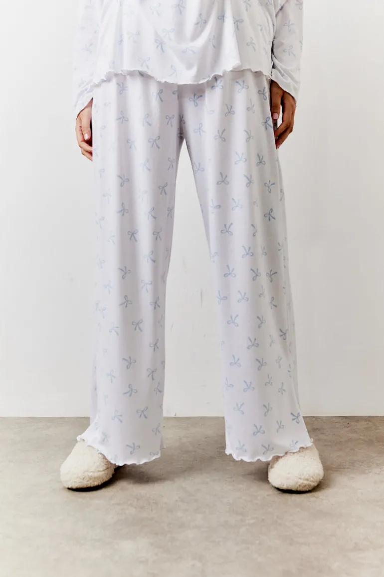 White Bow Print Long Sleeve Top and Trouser PJ Set