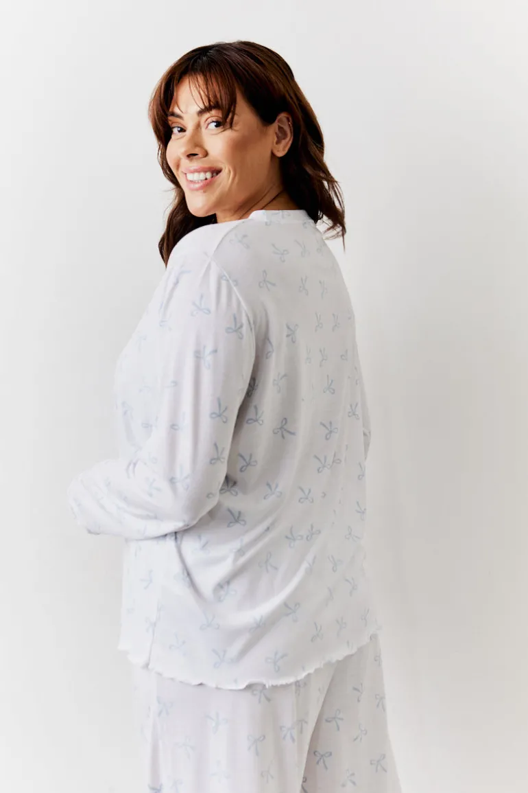White Bow Print Long Sleeve Top and Trouser PJ Set