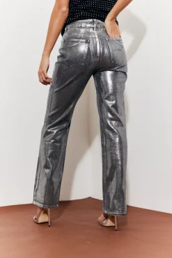 Wide Leg Silver Foil High Waisted Jeans