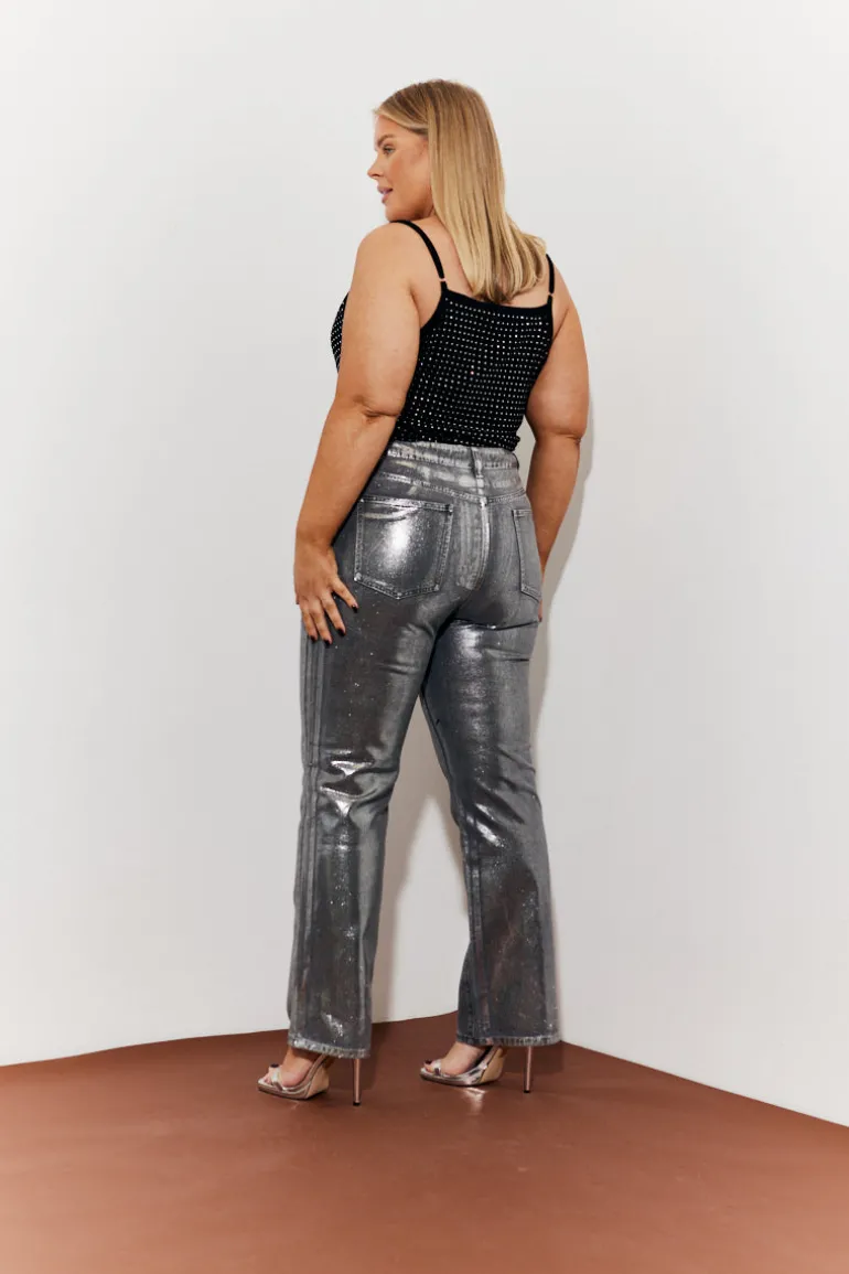 Wide Leg Silver Foil High Waisted Jeans