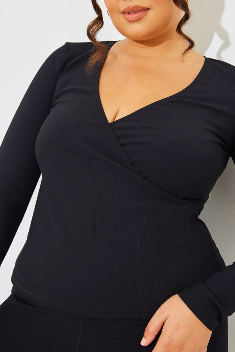 Wrap Front Rib Long Sleeve Top