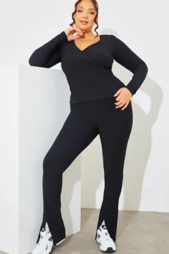 Wrap Front Rib Long Sleeve Top