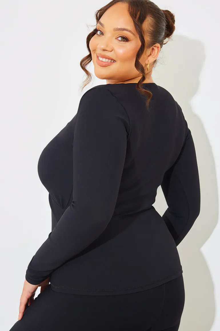 Wrap Front Rib Long Sleeve Top