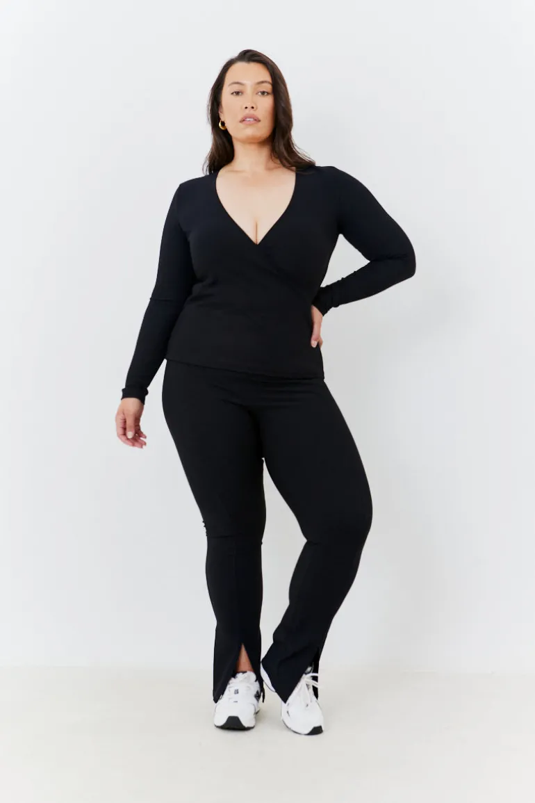 Wrap Front Rib Long Sleeve Top