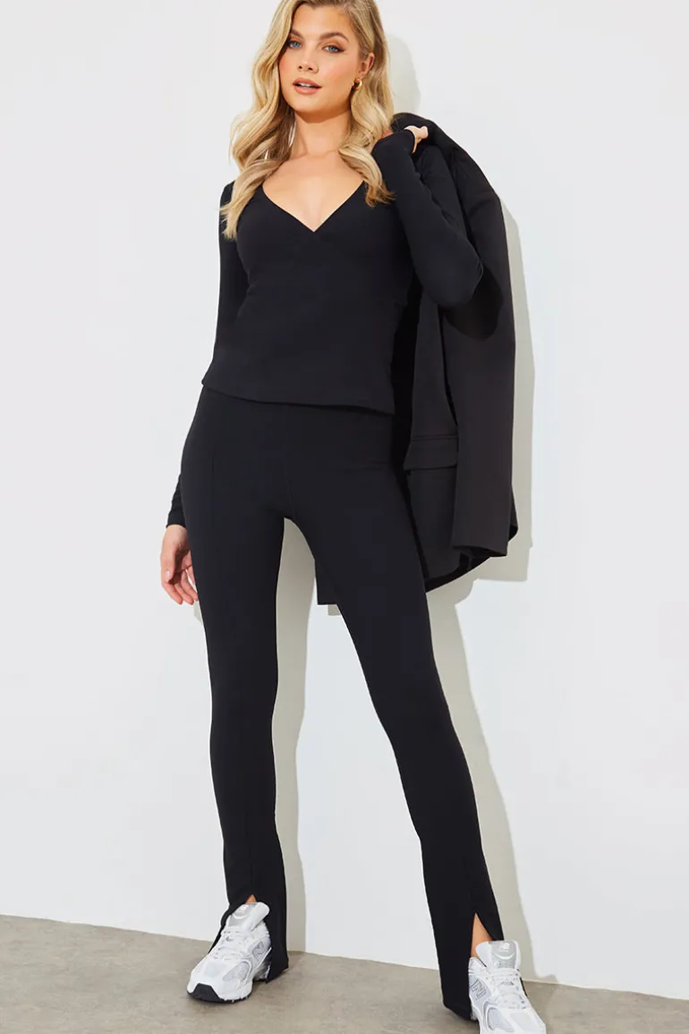 Wrap Front Rib Long Sleeve Top