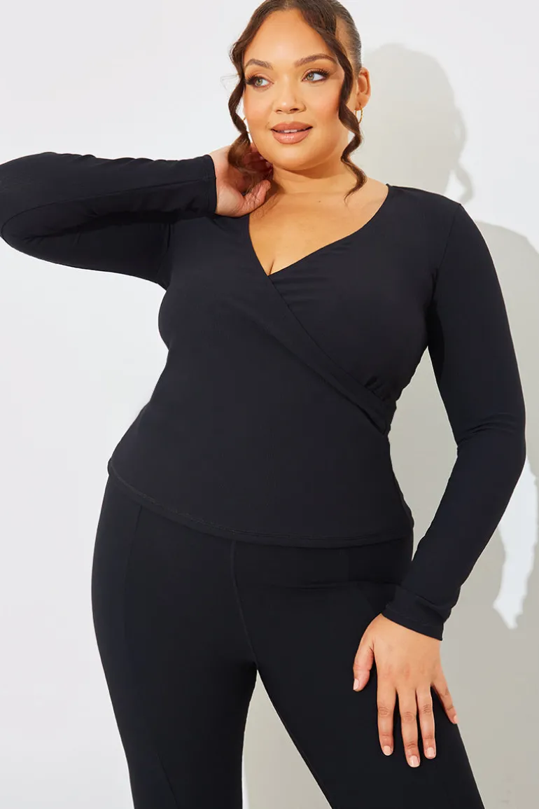 Wrap Front Rib Long Sleeve Top
