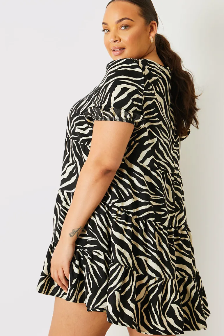Zebra Smock Dress With Frill Sleeve
