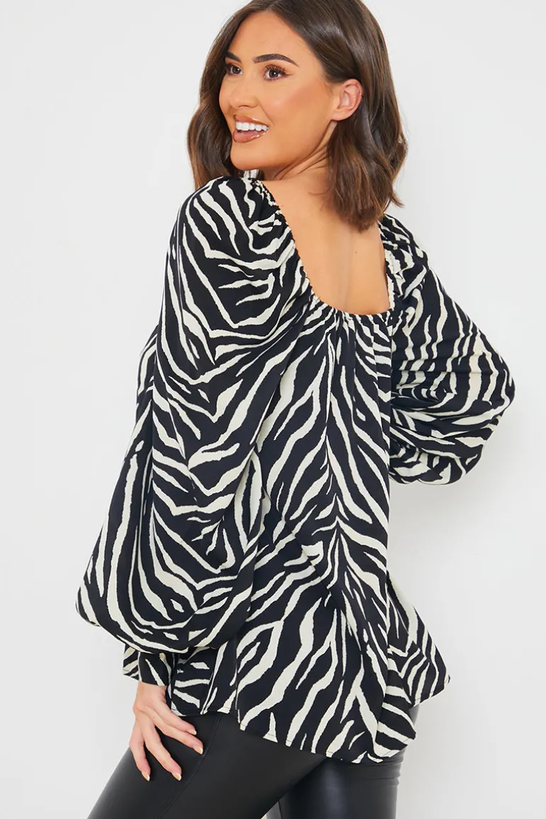 Zebra Woven Balloon Sleeve Blouse
